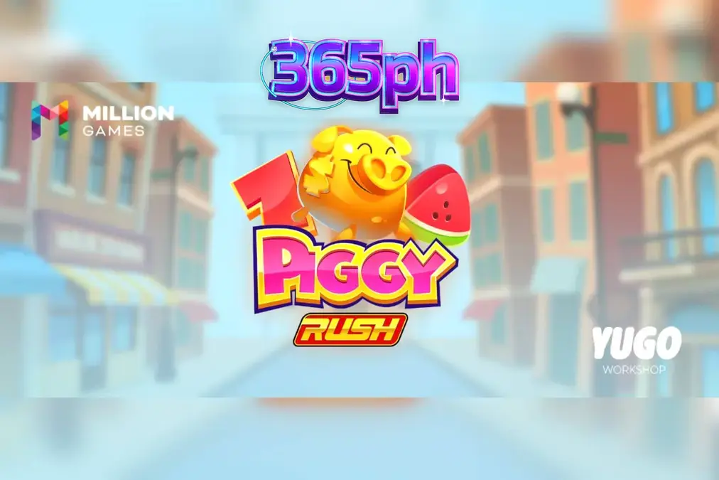Makulay na farmyard theme ng Piggy Rush slot na may mga prutas at gintong barya.